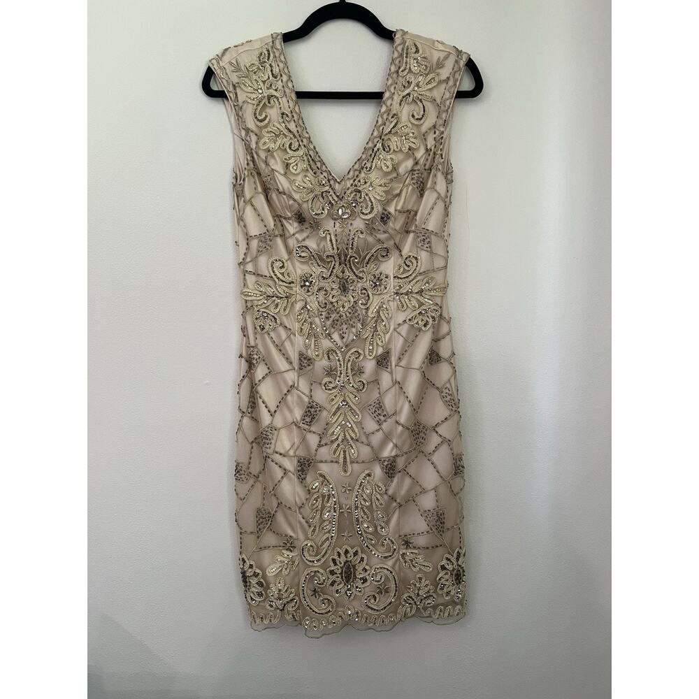Sue Wong Nocturne Beaded Sequin Cocktail Dress Cream Ivory Art Deco Size 6